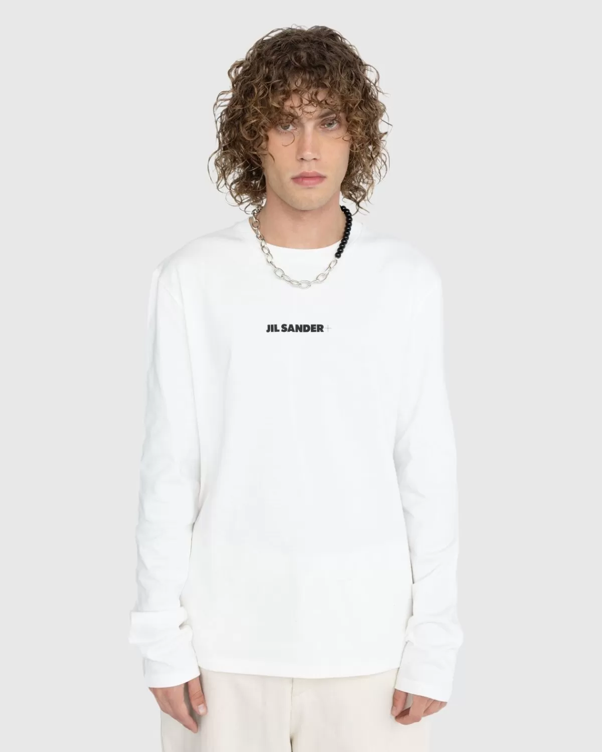 Männer Jil Sander Langarm-Logo-T-Shirt Porzellanweis